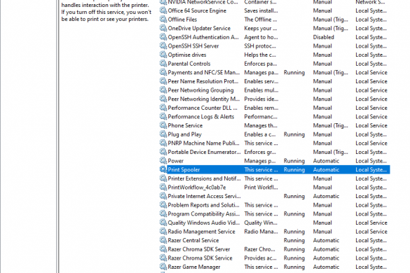 Windows 10 Services Window wiht print spooler selected