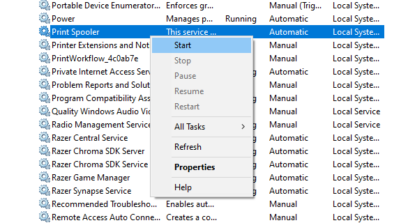 Start print spooler service windows 10