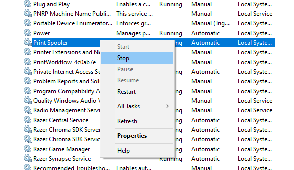 Stop print spooler service windows 10